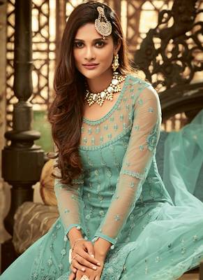 Sky-blue sequins net kameez with sharara 3