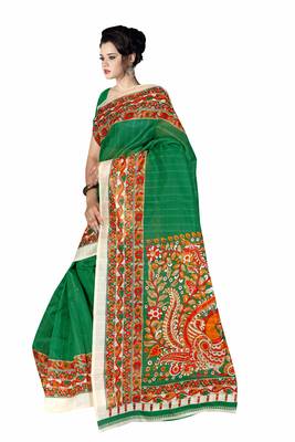 Green printed art silk sarees saree with blouse 3