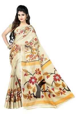 Chiku printed art silk sarees saree with blouse 1