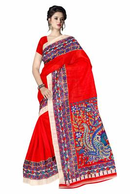 Blood red printed art silk sarees saree with blouse 1