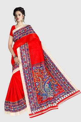 Blood red printed art silk sarees saree with blouse 2