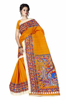 Light yellow printed art silk sarees saree with blouse 1