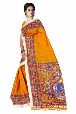 Light yellow printed art silk sarees saree with blouse 2