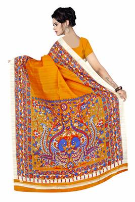 Light yellow printed art silk sarees saree with blouse 3