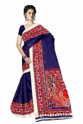 Dark blue printed art silk sarees saree with blouse 1