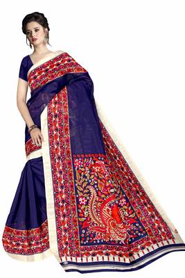 Dark blue printed art silk sarees saree with blouse 2