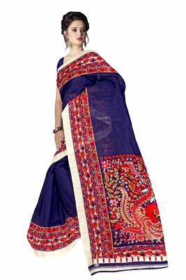 Dark blue printed art silk sarees saree with blouse 3