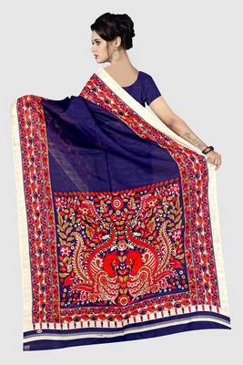 Dark blue printed art silk sarees saree with blouse 4
