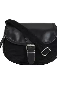 Classic Black Cotton & Leatherette Sling Bag