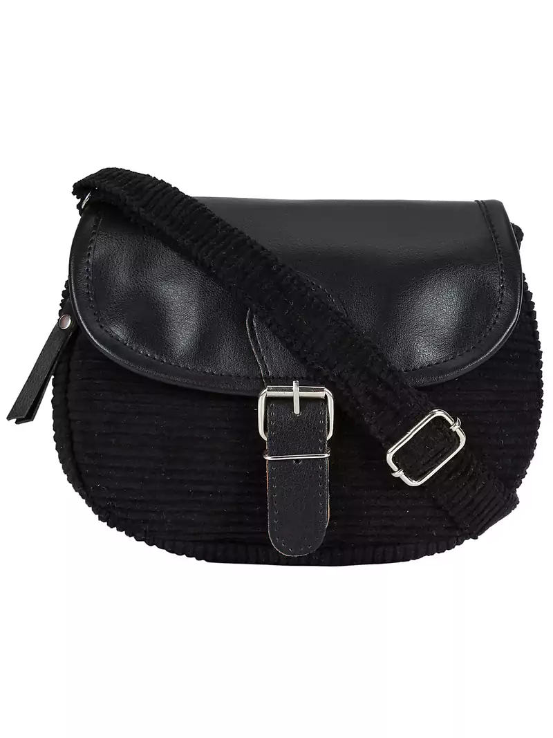 Classic Black Cotton & Leatherette Sling Bag