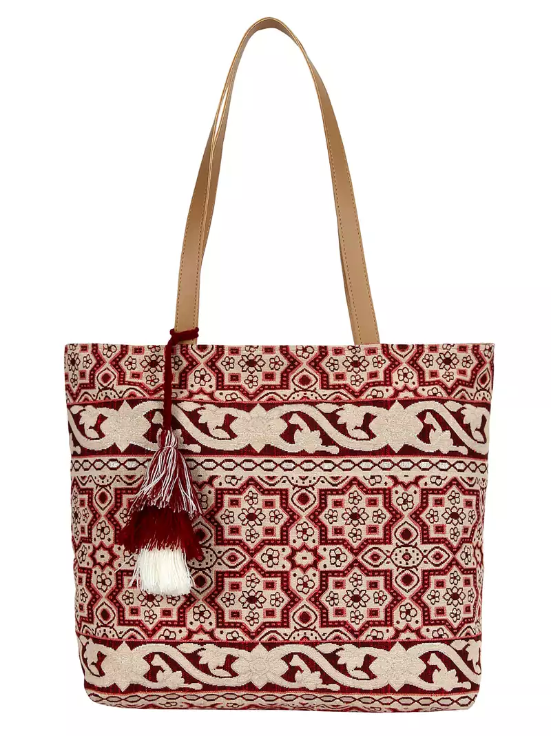 Showy Beige and Off-White Cotton Jacquard Handbag
