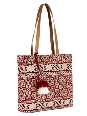 Showy Beige and Off-White Cotton Jacquard Handbag 2