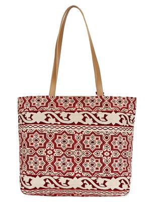 Showy Beige and Off-White Cotton Jacquard Handbag 3