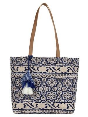 Showy Blue and Off-White Cotton Jacquard Handbag 1