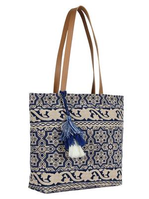 Showy Blue and Off-White Cotton Jacquard Handbag 2