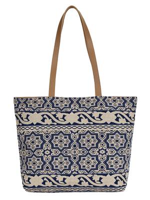 Showy Blue and Off-White Cotton Jacquard Handbag 3