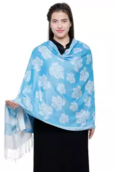 Viscose Rayon Floral Woven Design Shawl Blue