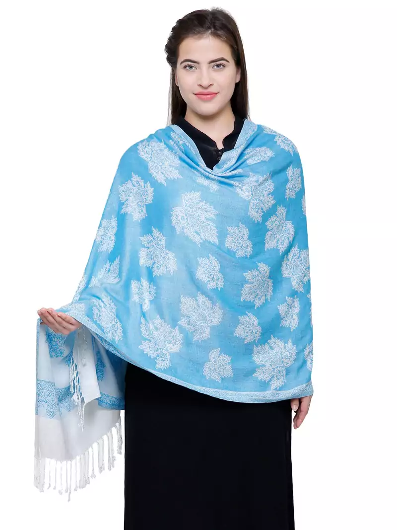 Viscose Rayon Floral Woven Design Shawl Blue