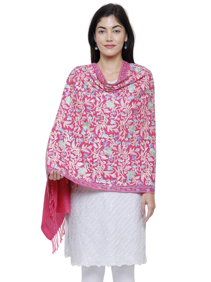 Floral  Embroidered Woolen Shawl Pink