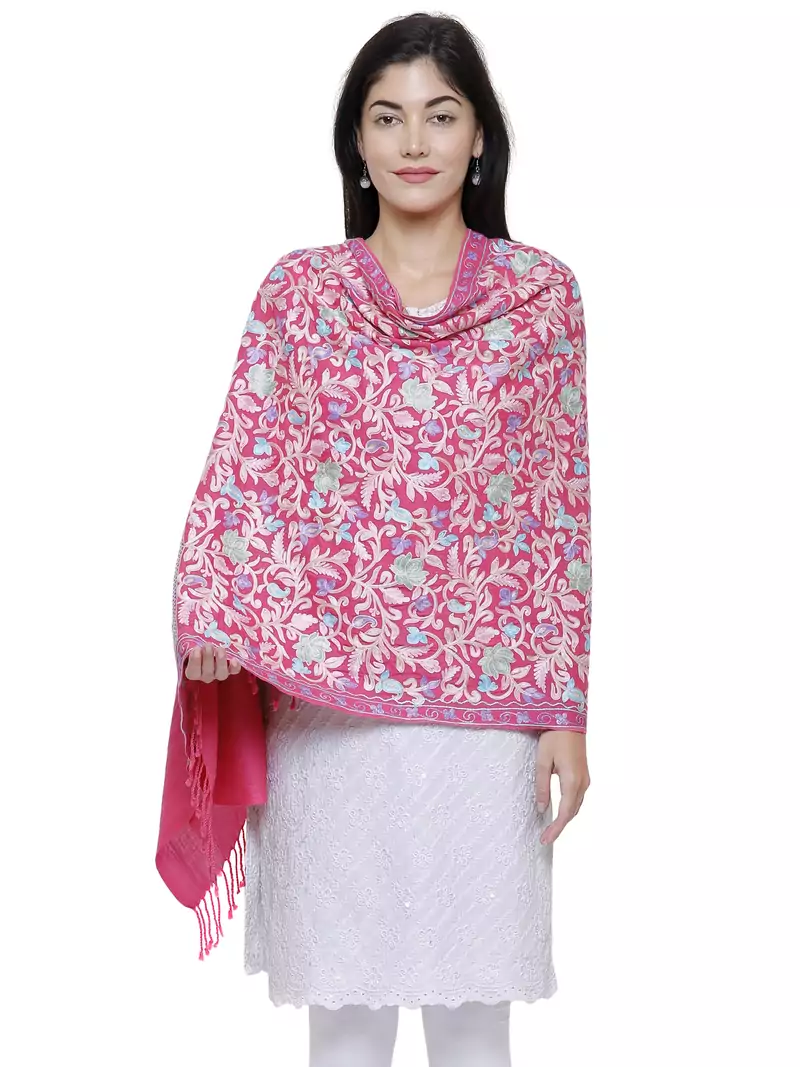 Floral  Embroidered Woolen Shawl Pink