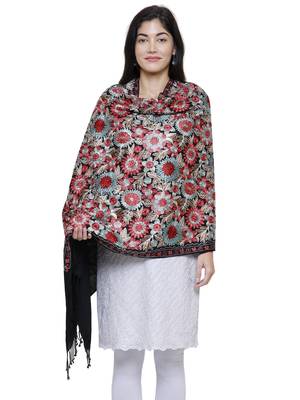 Floral  Embroidered Woolen Shawl Black and Multiclour 1