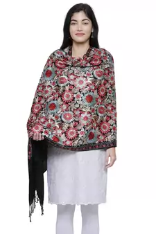 Floral  Embroidered Woolen Shawl Black and Multiclour