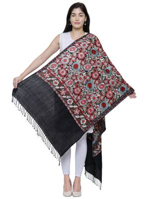 Floral  Embroidered Woolen Shawl Black and Multiclour 3