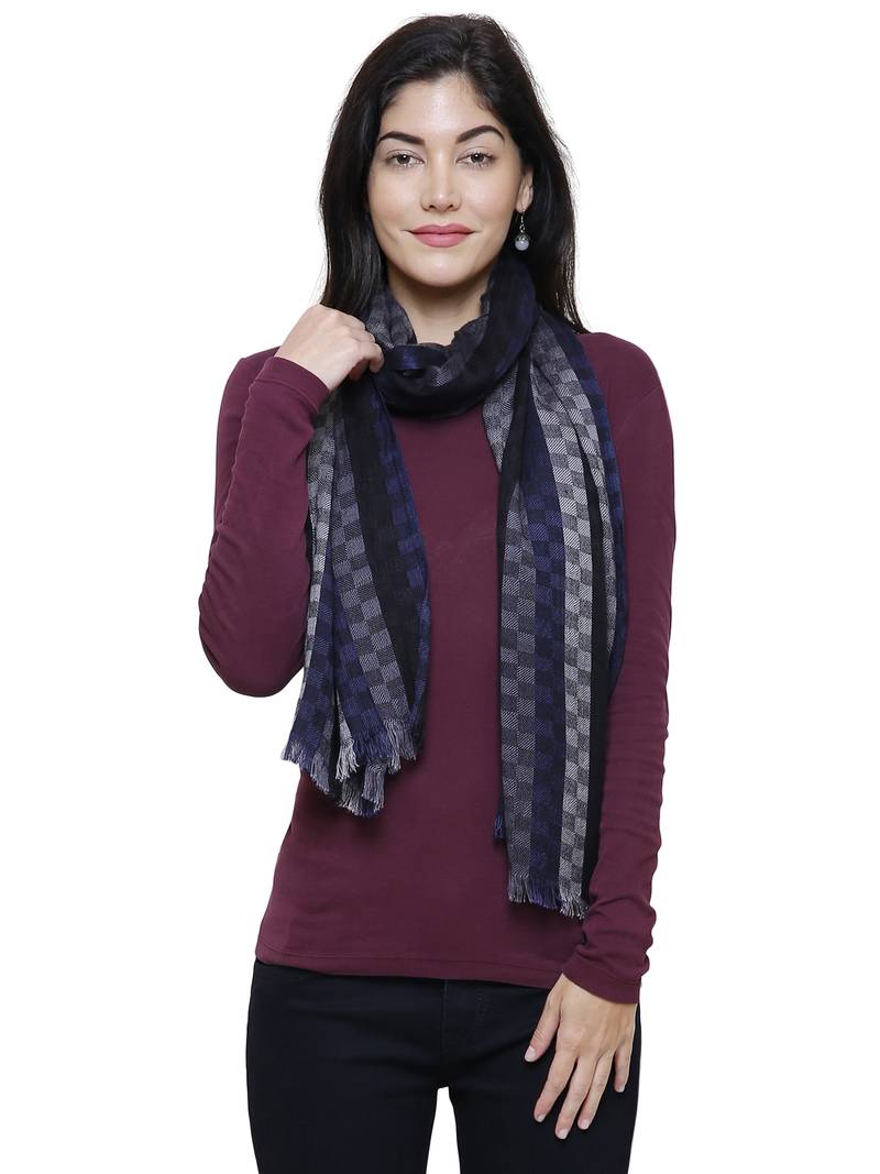 Viscose Rayon Checked & Striped Woven Design Scarf Black, Blue and White
