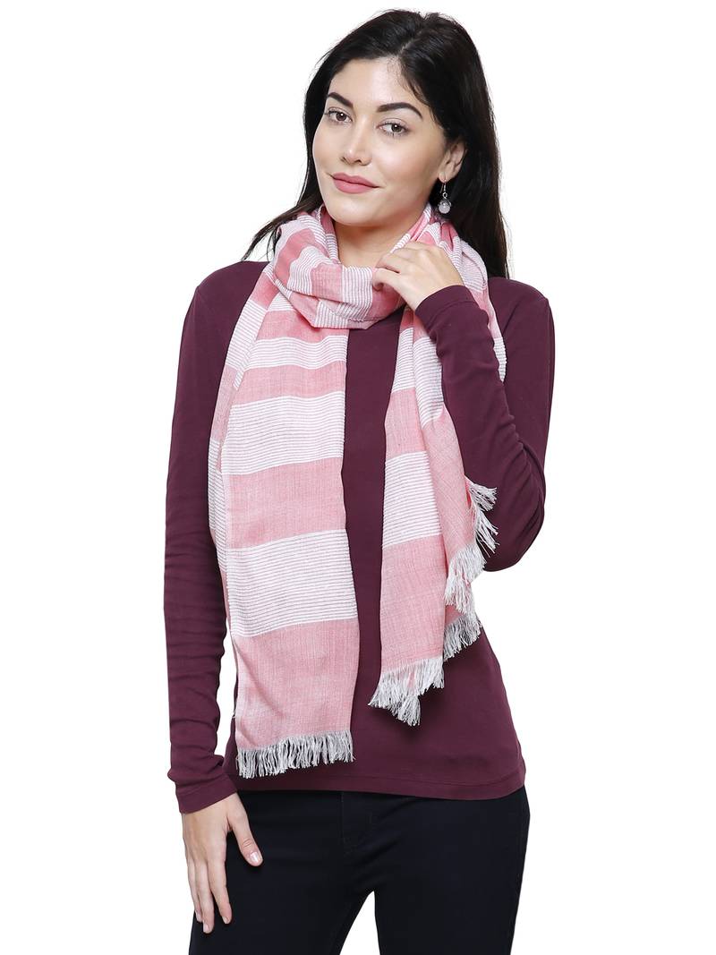 Viscose Rayon Striped Woven Design Stole Pink & White
