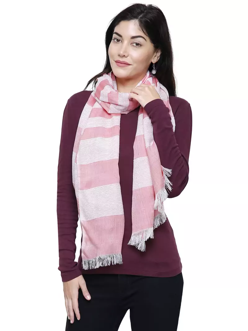 Viscose Rayon Striped Woven Design Stole Pink & White