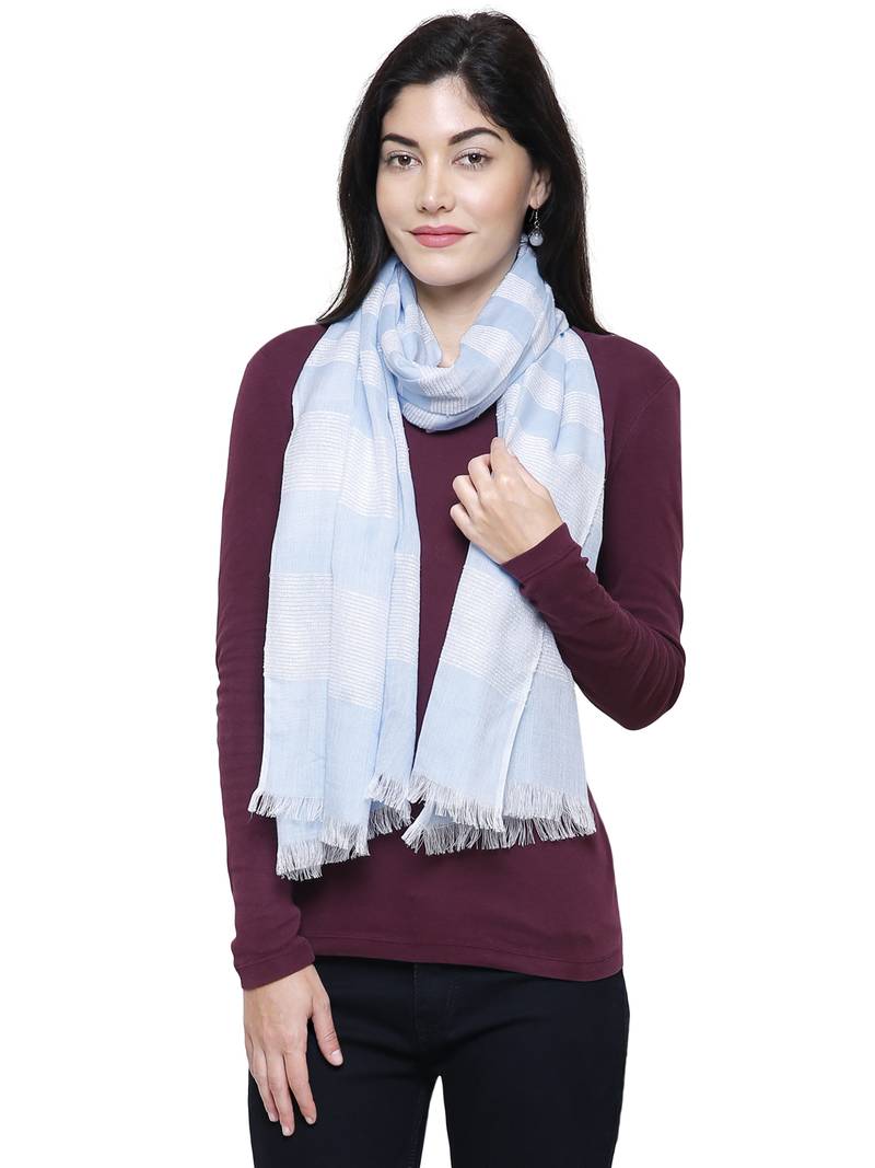 Viscose Rayon Striped Woven Design Stole Light Blue & White