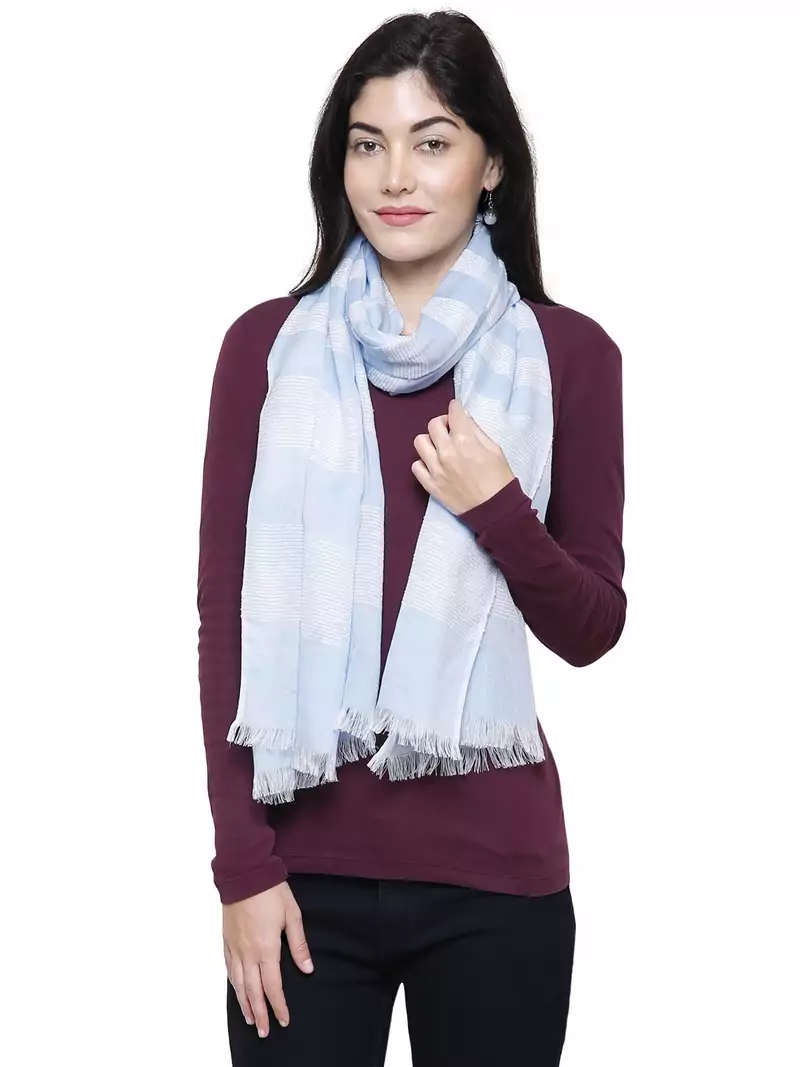 Viscose Rayon Striped Woven Design Stole Light Blue & White