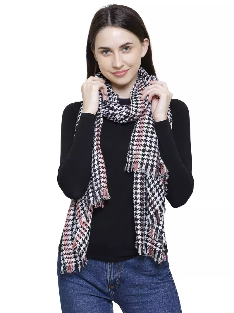 Voscose Rayon Checked Woven Design Scarf Black and White