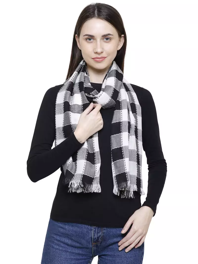 Voscose Rayon Checked Woven Design Scarf Black and White