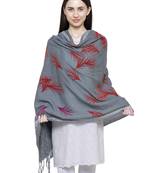 Voscose Rayon Flocked Printed Woven Design Shawl Grey