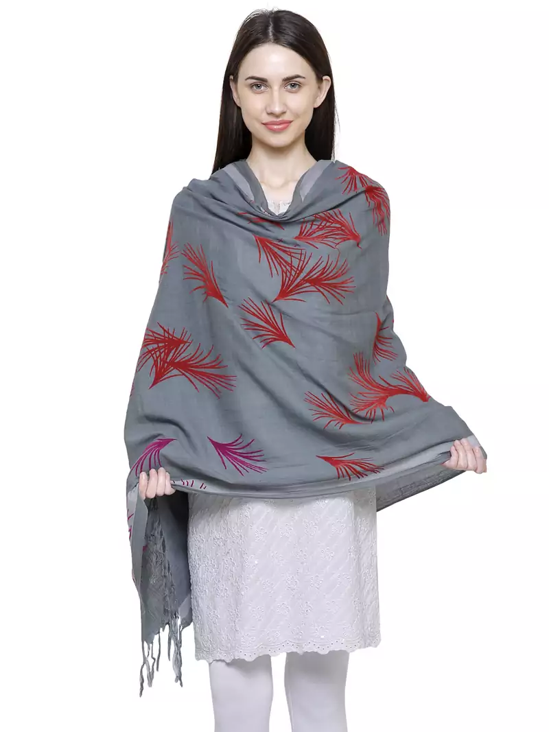 Voscose Rayon Flocked Printed Woven Design Shawl Grey