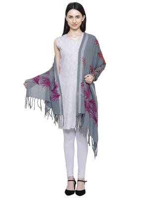 Voscose Rayon Flocked Printed Woven Design Shawl Grey 2