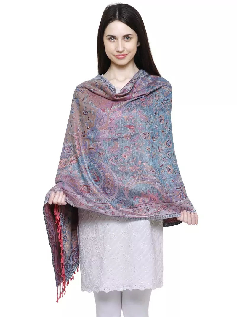 Voscose Rayon Floral Paisley Woven Design Shawl Pink and Multicolour