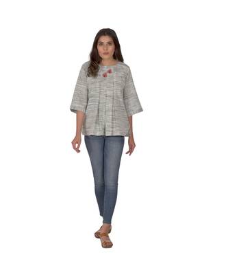 Shaded Blueish Grey Top With Floral Bee Motifs In Khadi Cotton 1