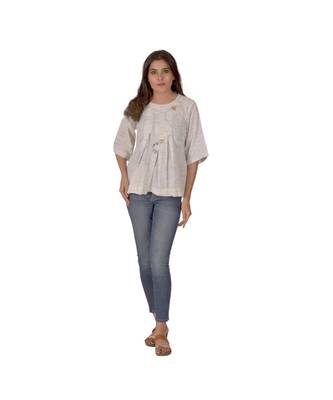 A Cream And Light Blue Top With Floral Embroidery In Khadi Cotton 1