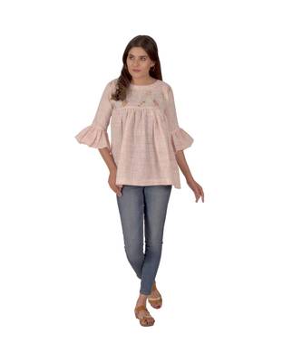 Baby Pink Top With Floral Embroidery In Khadi Cotton 1