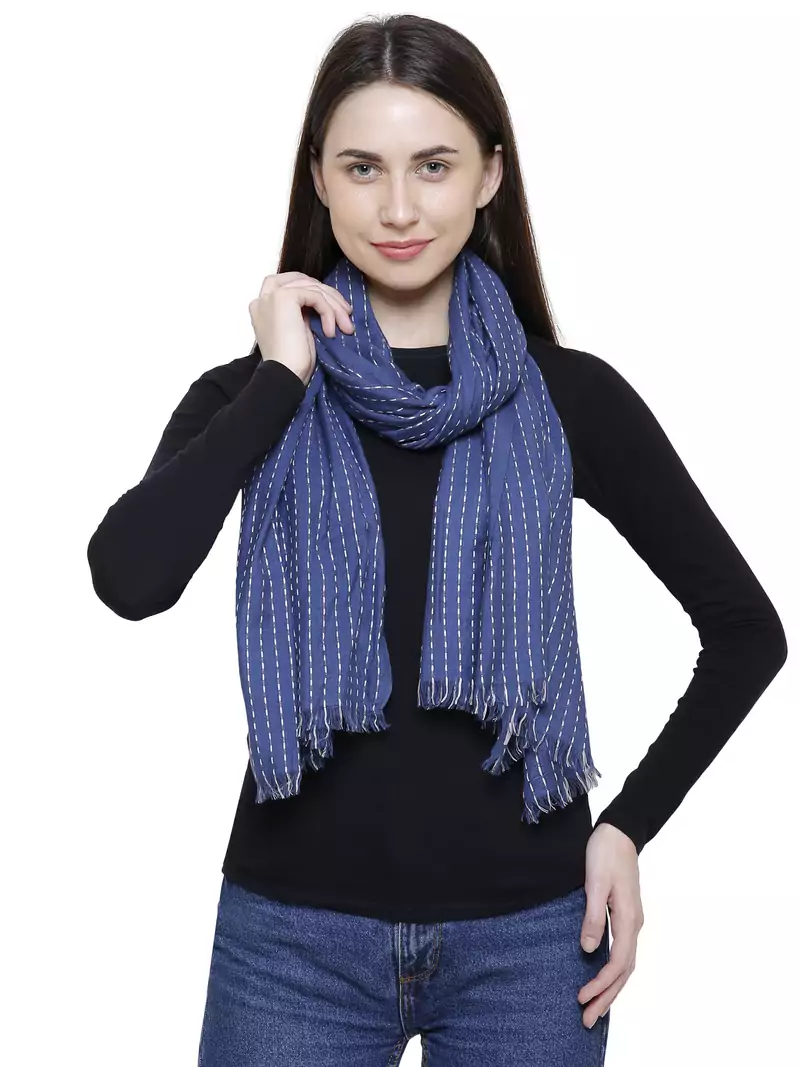 Voscose Rayon Striped Woven Design Scarf Blue