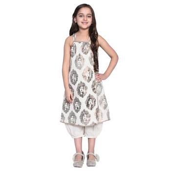 White Printed Cotton Kid Kurti With Payjama 1