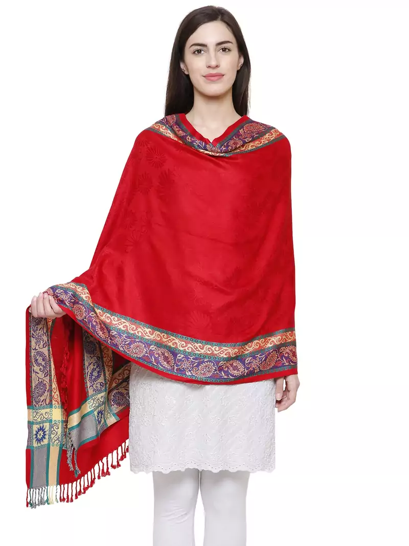 Voscose Rayon Ethnic Woven Design Shawl Red