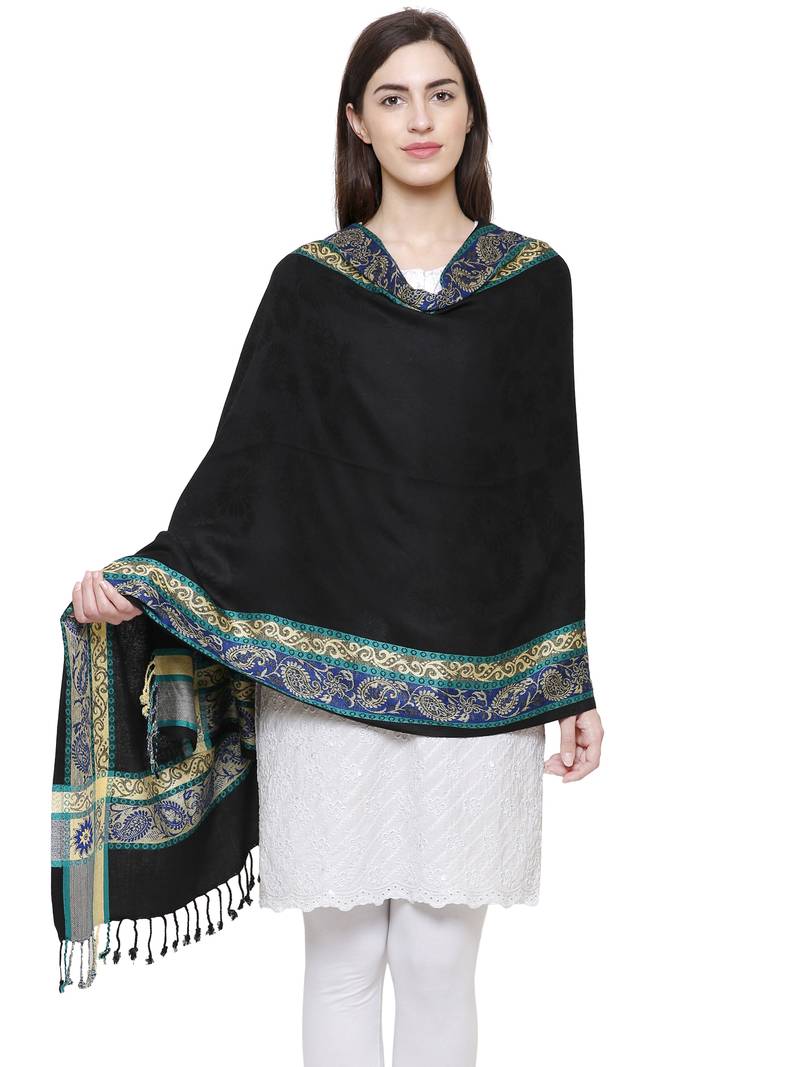 Voscose Rayon Ethnic Woven Design Shawl Black
