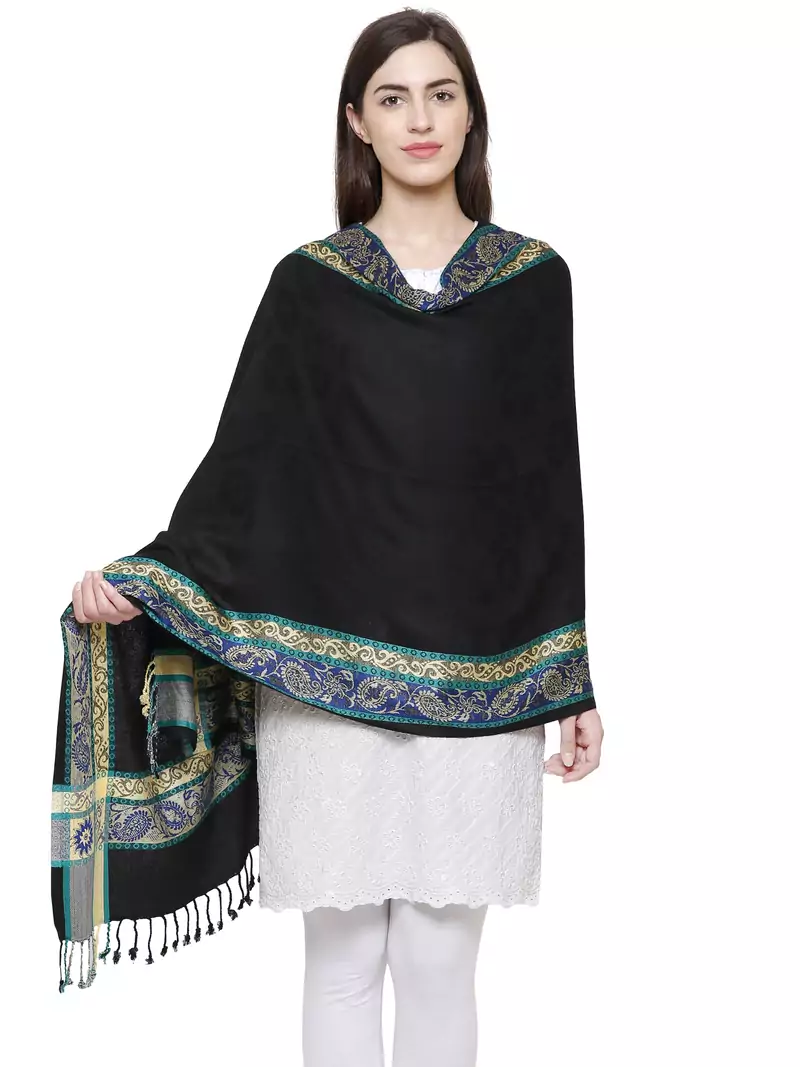 Voscose Rayon Ethnic Woven Design Shawl Black