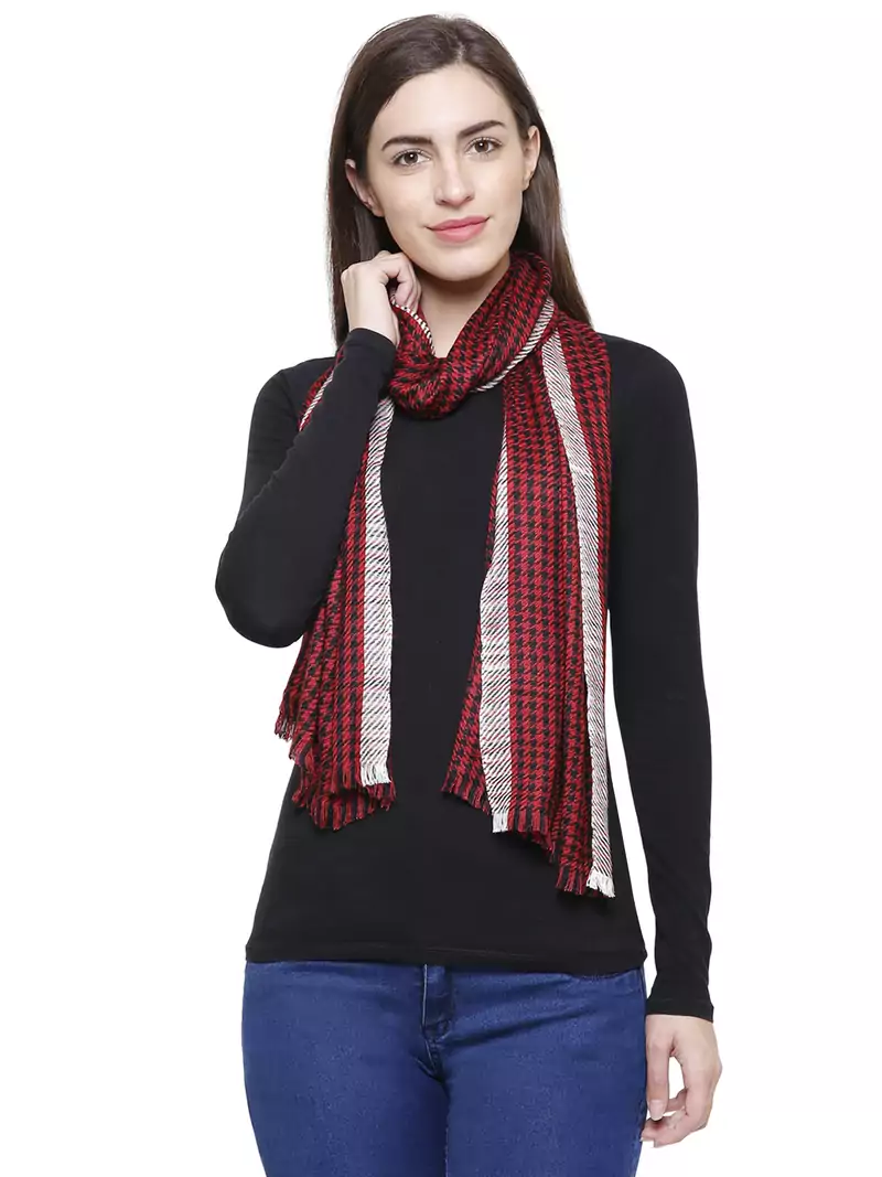 Voscose Rayon Checked Woven Design Scarf Red