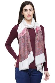 Voscose Rayon Paisley Woven Design Shawl White & Pink