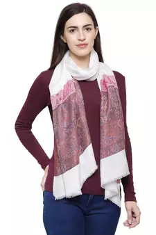 Voscose Rayon Paisley Woven Design Shawl White & Pink