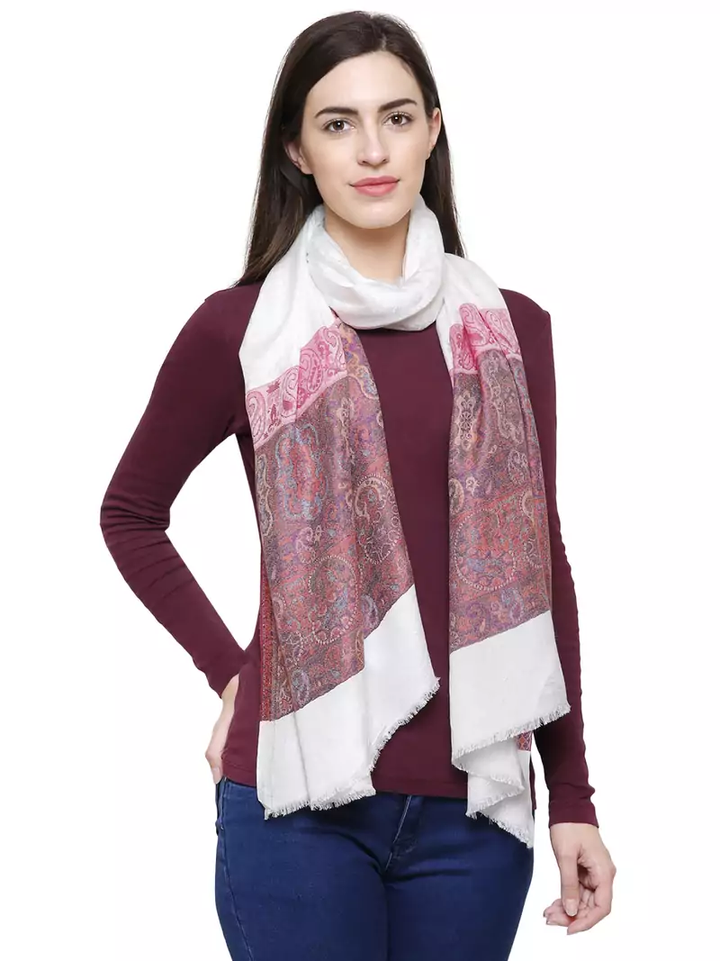 Voscose Rayon Paisley Woven Design Shawl White & Pink